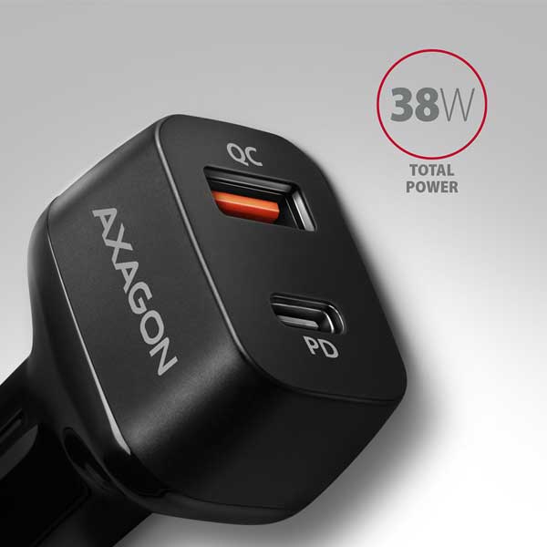 AXAGON PWC-PQ38 autós töltő 1x QC3.0 + 1x PD USB-C, 38W, Fekete