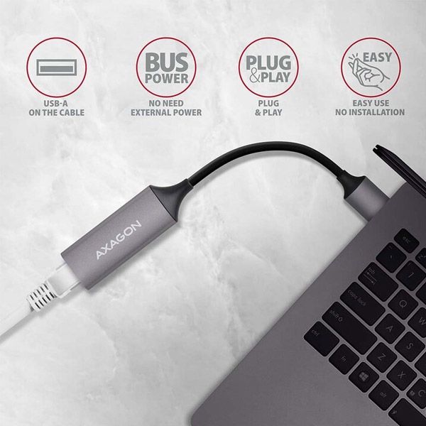 AXAGON ADE-TR, USB-A 3.2 Gen 1 - Gigabitová hálózati kártya, automatikus telepítés, titán szürke
