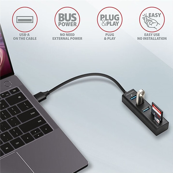 AXAGON HMA-CR3A 3x USB-A + SD/microSD, USB3.2 Gen 1 hub, metal, 20 cm USB-A kábel