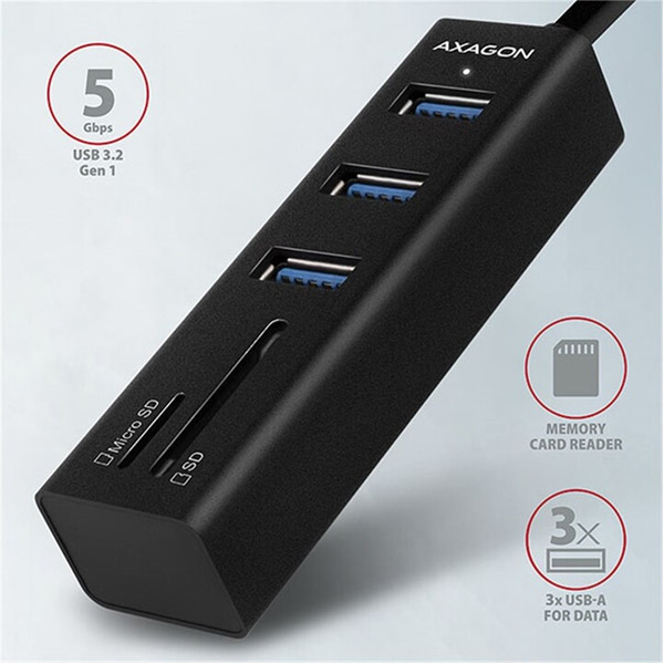 AXAGON HMA-CR3A 3x USB-A + SD/microSD, USB3.2 Gen 1 hub, metal, 20 cm USB-A kábel