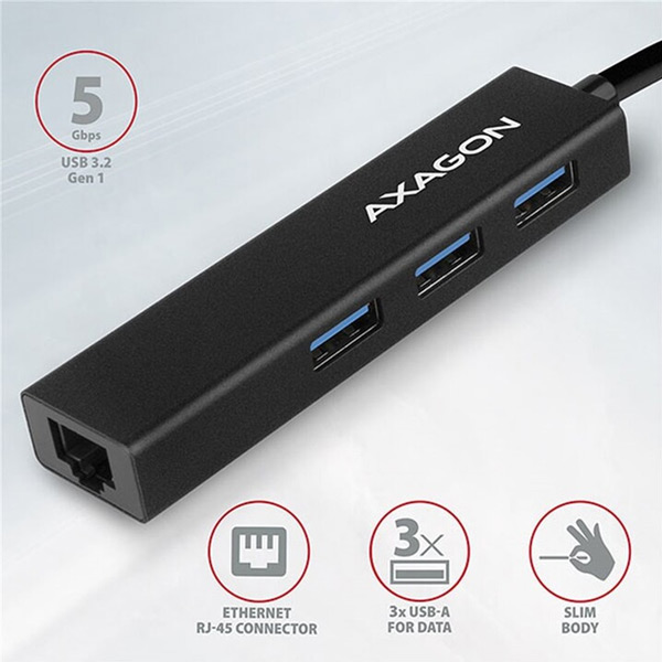 AXAGON HMA-GL3A 3x USB-A + GLAN, USB3.2 Gen 1 hub, metal, 20 cm USB-A kábel