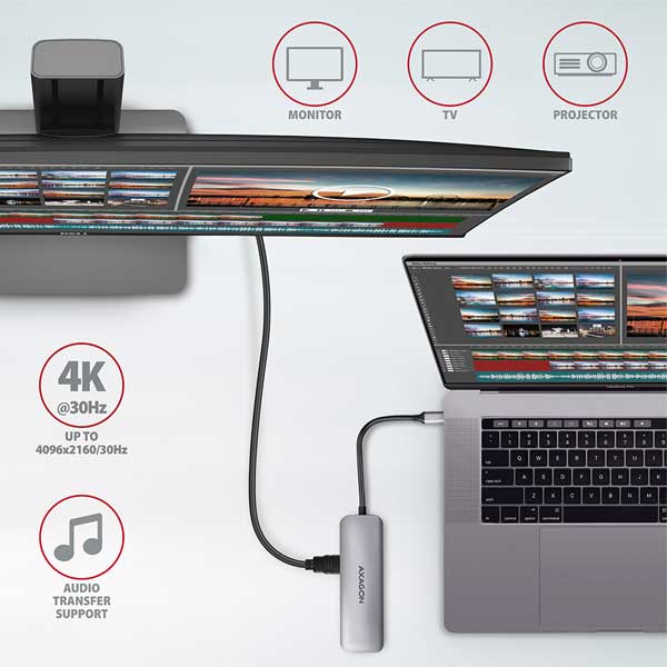 AXAGON HMC-5 2x USB-A, HDMI, SD/microSD, USB 3.2 Gen 1 hub, PD 100W, 20cm USB-C kábel