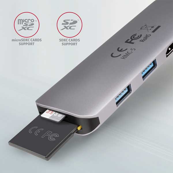 AXAGON HMC-5 2x USB-A, HDMI, SD/microSD, USB 3.2 Gen 1 hub, PD 100W, 20cm USB-C kábel