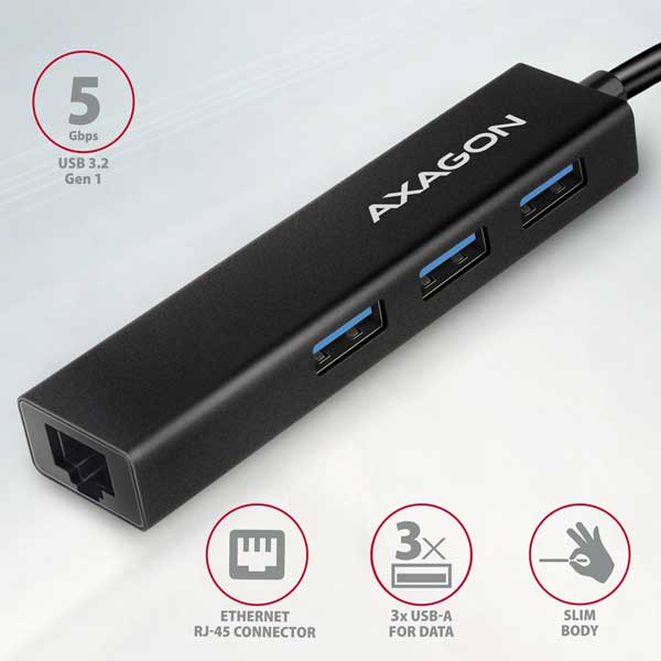 AXAGON HMC-GL3A 3x USB-A + GLAN, USB 3.2 Gen 1 hub, metal, 20cm USB-C kábel