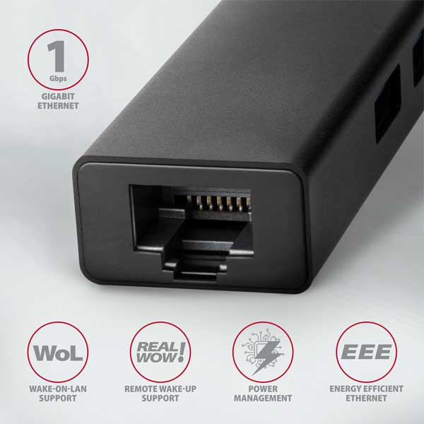 AXAGON HMC-GL3A 3x USB-A + GLAN, USB 3.2 Gen 1 hub, metal, 20cm USB-C kábel