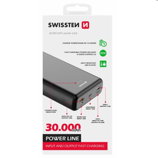 Swissten Power Line Powerbank 30 000 mAh 20W, PD, Fekete + kábel Guy Crash Bandicoot Trilogy (Crash Bandicoot)