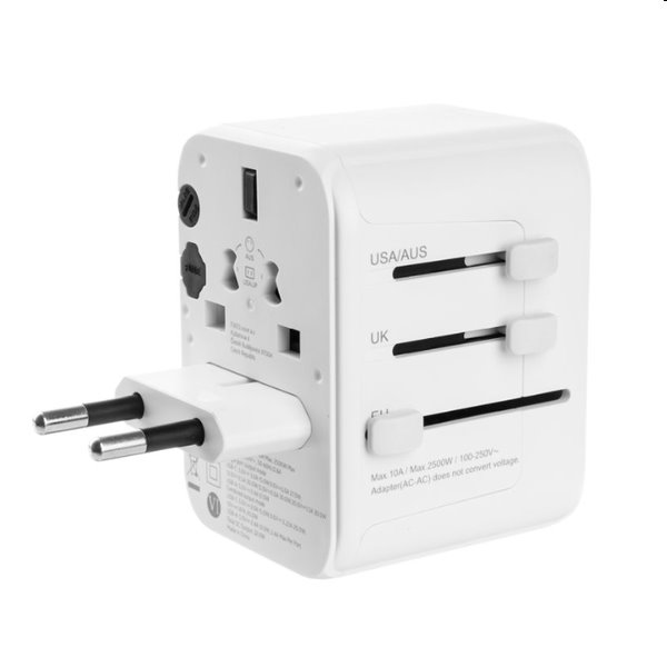 FIXED utazó adapter EU, UK, USA/AUS számára 1xUSB-C és 2xUSB kimenettel, GaN, PD 30W, fehér