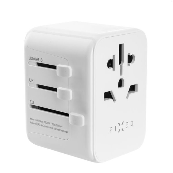 FIXED utazó adapter EU, UK, USA/AUS számára 1xUSB-C és 2xUSB kimenettel, GaN, PD 30W, fehér