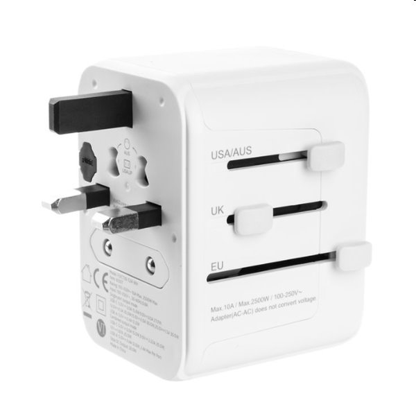 FIXED utazó adapter EU, UK, USA/AUS számára 1xUSB-C és 2xUSB kimenettel, GaN, PD 30W, fehér