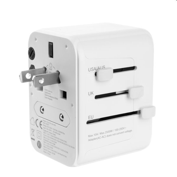 FIXED utazó adapter EU, UK, USA/AUS számára 1xUSB-C és 2xUSB kimenettel, GaN, PD 30W, fehér