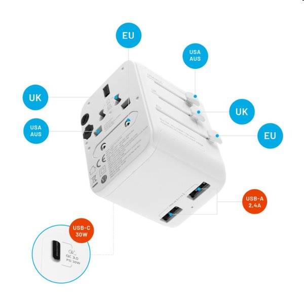 FIXED utazó adapter EU, UK, USA/AUS számára 1xUSB-C és 2xUSB kimenettel, GaN, PD 30W, fehér