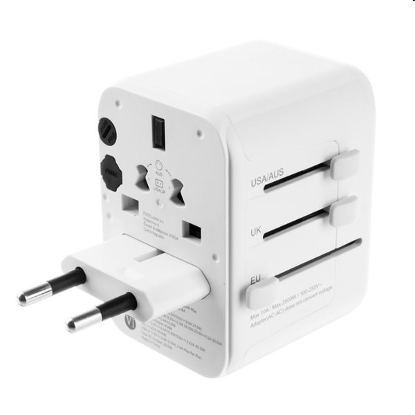 FIXED utazó adapter EU, UK, USA/AUS számára 1xUSB-C és 2xUSB kimenettel, GaN, PD 30W, fehér