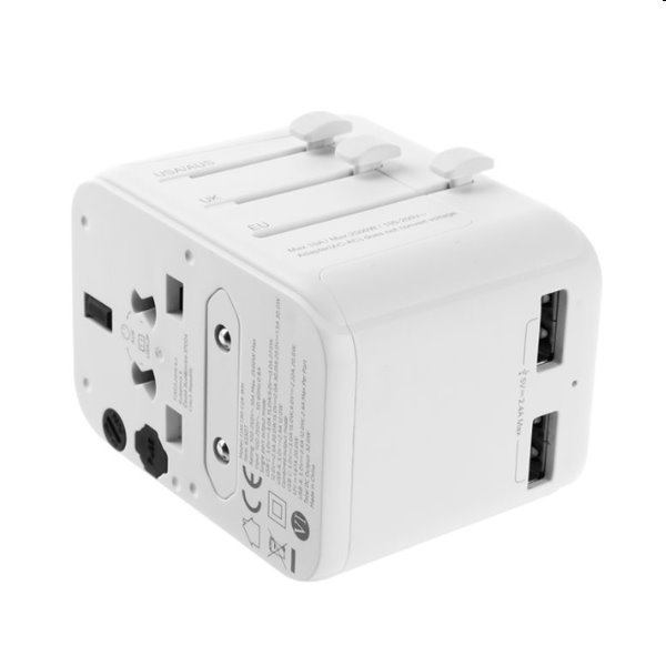 FIXED utazó adapter EU, UK, USA/AUS számára 1xUSB-C és 2xUSB kimenettel, GaN, PD 30W, fehér