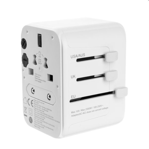 FIXED utazó adapter EU, UK, USA/AUS számára 1xUSB-C és 2xUSB kimenettel, GaN, PD 30W, fehér