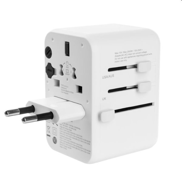 FIXED utazó adapter EU, UK, USA/AUS számára 3xUSB-C és 2xUSB kimenettel, GaN, PD 65W, fehér