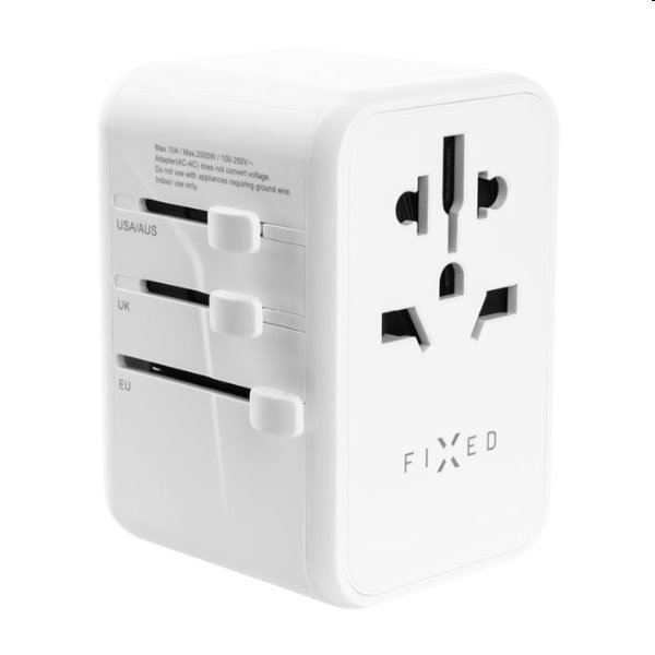 FIXED utazó adapter EU, UK, USA/AUS számára 3xUSB-C és 2xUSB kimenettel, GaN, PD 65W, fehér