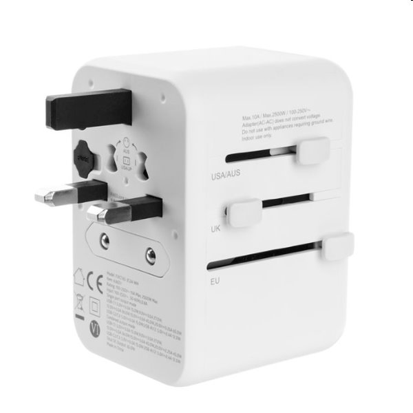 FIXED utazó adapter EU, UK, USA/AUS számára 3xUSB-C és 2xUSB kimenettel, GaN, PD 65W, fehér