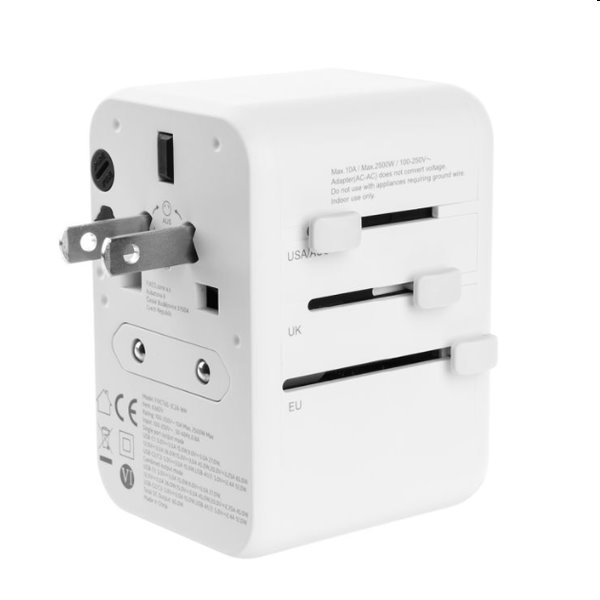 FIXED utazó adapter EU, UK, USA/AUS számára 3xUSB-C és 2xUSB kimenettel, GaN, PD 65W, fehér