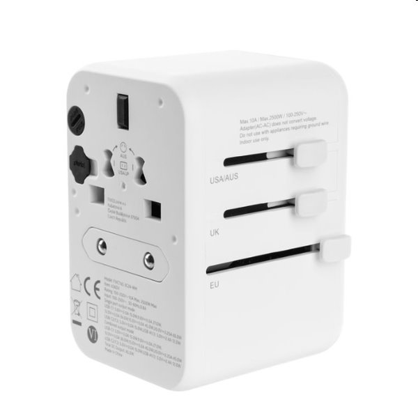 FIXED utazó adapter EU, UK, USA/AUS számára 3xUSB-C és 2xUSB kimenettel, GaN, PD 65W, fehér