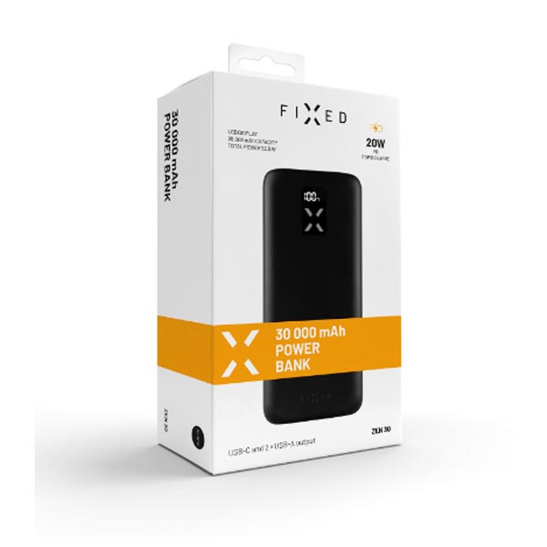 FIXED Powerbank Zen 30 s LCD displejom a výstupom PD 20W, 30 000 mAh, fekete