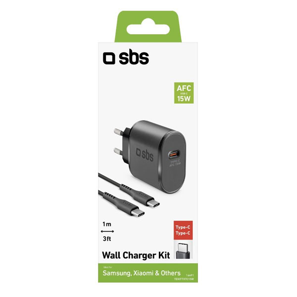 SBS Utazási töltőkészlet USB-C 15 W, kábel USB-C/USB-C, 1 m, fekete
