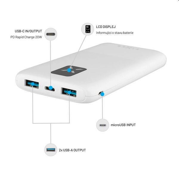 FIXED Powerbank Zen 10 LCD kijelzővel és PD 20W kimenettel, 10 000 mAh, fehér