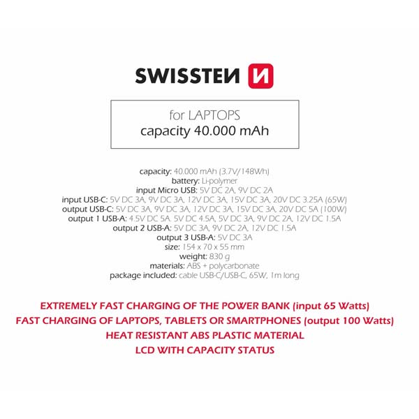 Swissten Power Line Powerbank 40000 mAh 100W, PD, fekete