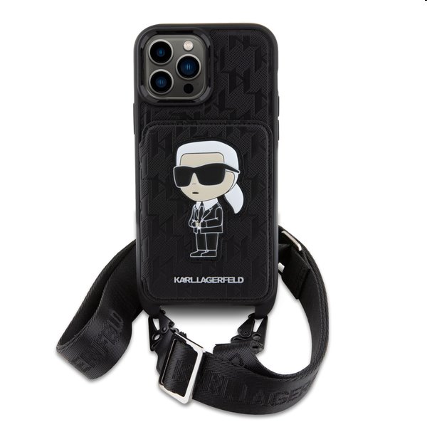 Karl Lagerfeld Saffiano Monogram Crossbody Ikonik NFT tok iPhone 14 Pro számára, fekete