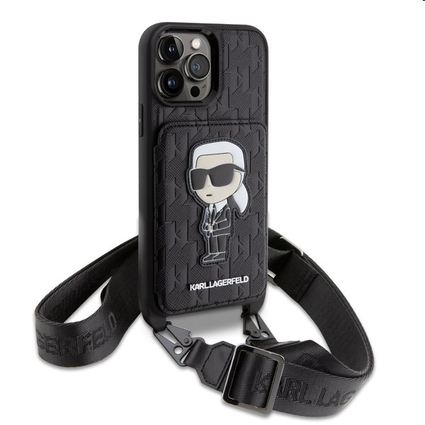 Karl Lagerfeld Saffiano Monogram Crossbody Ikonik NFT tok iPhone 14 Pro számára, fekete