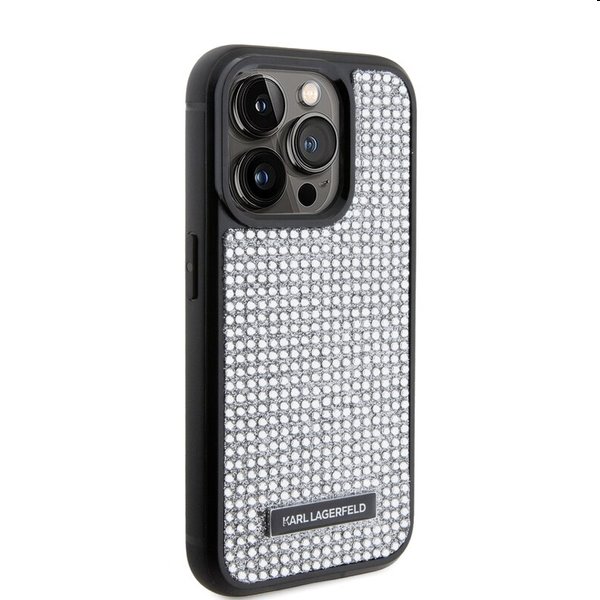 Karl Lagerfeld Rhinestone Plate Metal Logo tok Apple iPhone 15 Pro számára, ezüst Karl Lagerfeld Rhinestone Plate Metal Logo tok Apple iPhone 15 Pro számára, ezüst
