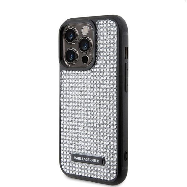 Karl Lagerfeld Rhinestone Plate Metal Logo tok Apple iPhone 15 Pro számára, ezüst Karl Lagerfeld Rhinestone Plate Metal Logo tok Apple iPhone 15 Pro számára, ezüst