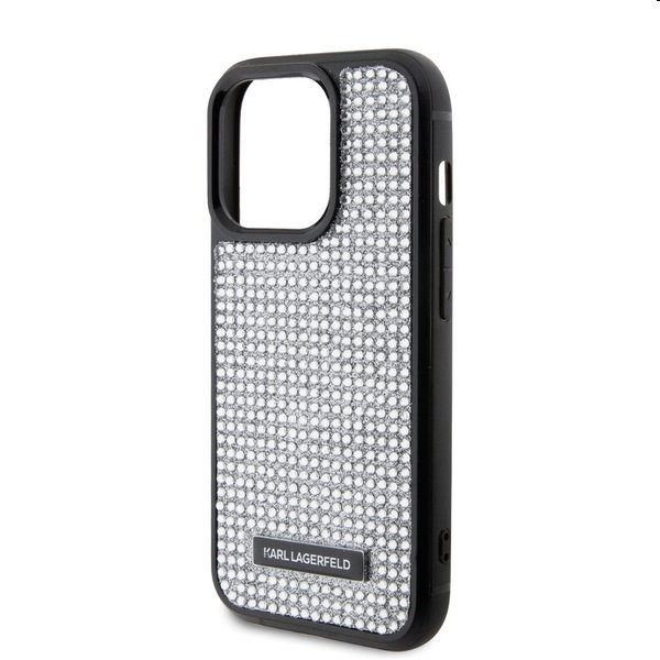 Karl Lagerfeld Rhinestone Plate Metal Logo tok Apple iPhone 15 Pro számára, ezüst