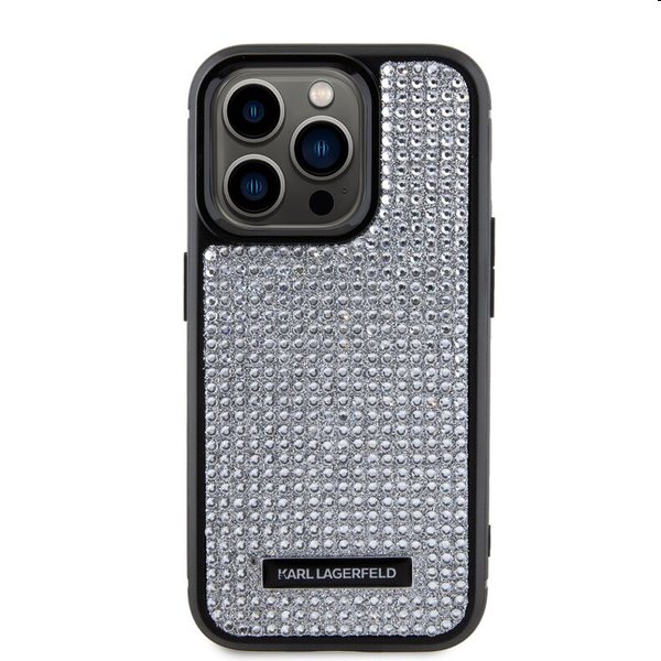 Karl Lagerfeld Rhinestone Plate Metal Logo tok Apple iPhone 15 Pro számára, ezüst