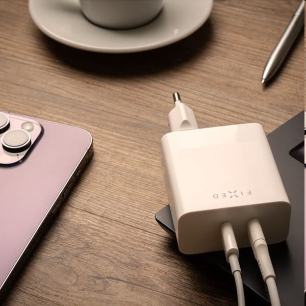 FIXED Hálózati töltő 2x USB-C, PD, 65W, fehér