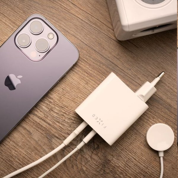 FIXED Hálózati töltő 2x USB-C, PD, 65W, fehér