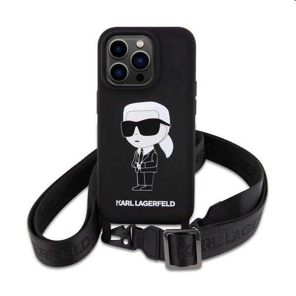 Karl Lagerfeld Liquid Silicone Crossbody Ikonik Apple iPhone 15 Pro Max számára, fekete Karl Lagerfeld Liquid Silicone Crossbody Ikonik Apple iPhone 15 Pro Max számára, fekete