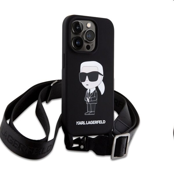 Karl Lagerfeld Liquid Silicone Crossbody Ikonik Apple iPhone 15 Pro Max számára, fekete Karl Lagerfeld Liquid Silicone Crossbody Ikonik Apple iPhone 15 Pro Max számára, fekete