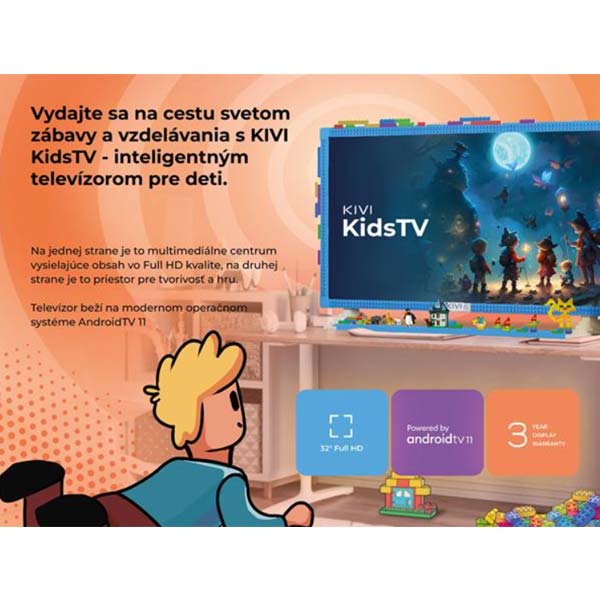 KIVI TV gyerekeknek, 32" (81cm), FHD, Android TV 11, 1920x1080, védőüveg, éjszakai hajszárítóy