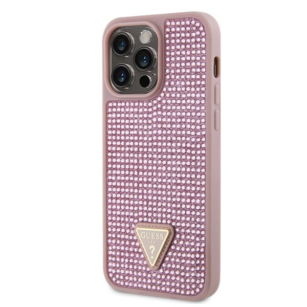 Guess Rhinestones Triangle Metal Logo Tok iPhone 15 Pro számára, rózsaszín