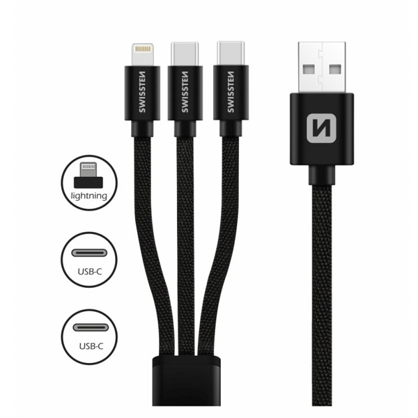 Adatkábel Swissten textil 3 in 1, 1,2 m, Lightning, 2 x USB-C, fekete Adatkábel Swissten textil 3 in 1, 1,2 m, Lightning, 2 x USB-C, fekete