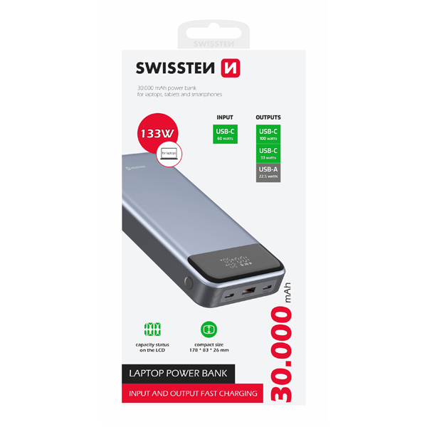 Swissten Power powerbank 30000 mAh, 133 W, PD, szürke