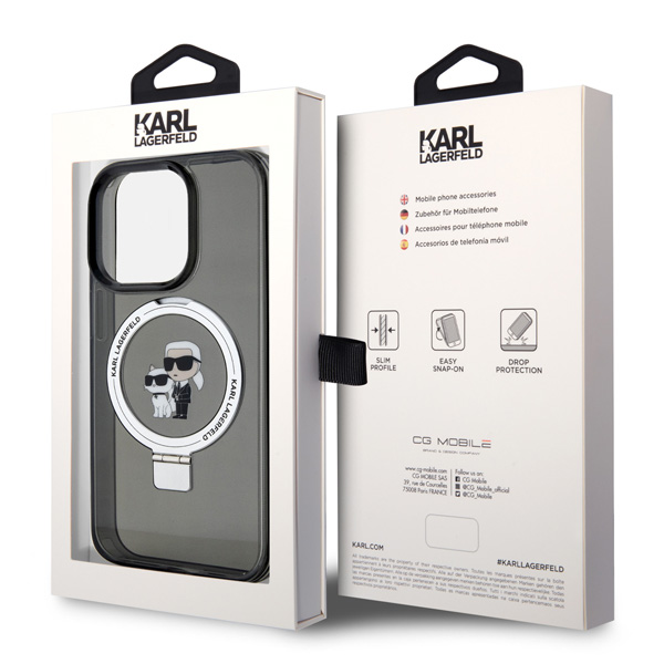 Karl Lagerfeld Ringstand Karl and Choupette MagSafe hátlapi tok iPhone 15 Pro számára, fekete