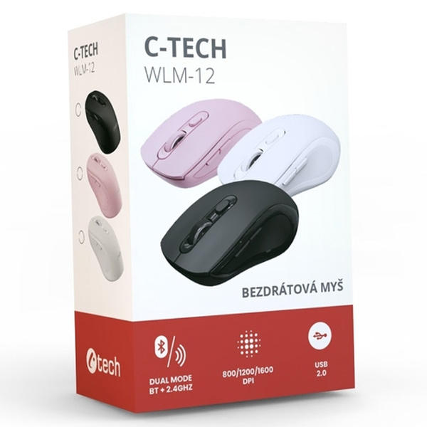 Vezeték nélküli egér C-Tech WLM-12, duálny mód, BT5.0, USB, 1600 DPI, rózsaszín
