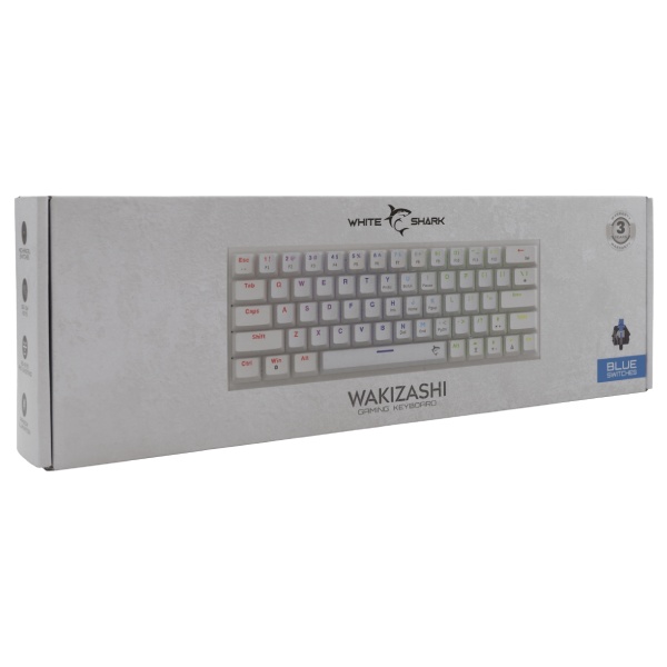 White Shark mechanikus játékos billentyűzet WAKIZASHI, kék switch, US kiosztás, fehér White Shark mechanikus játékos billentyűzet WAKIZASHI, kék switch, US kiosztás, fehér