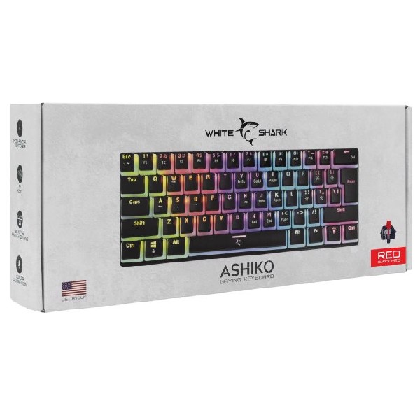 White Shark játékos mechanikus billentyűzet ASHIKO, US kiosztás, piros switch, fekete