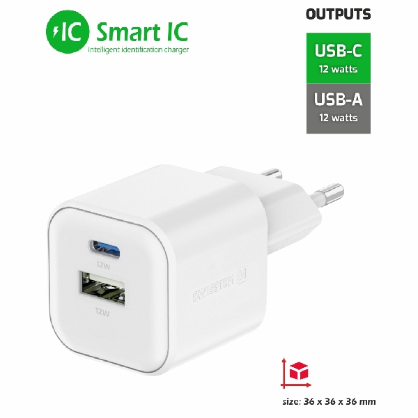 Swissten hálózati adapter 1x USB-C + 1xUSB-A 12W, fehér