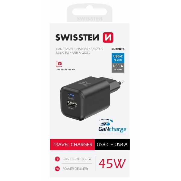 SWWISTEN hálózati adapter GaN 1x USB-C 45 W PD + 1x USB-A 18 W QC, fekete