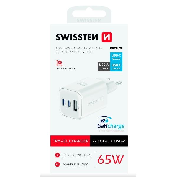 SWWISTEN hálózati adapter GaN 2x USB-C 65 W PD + 1x USB-A 18 W QC, fehér