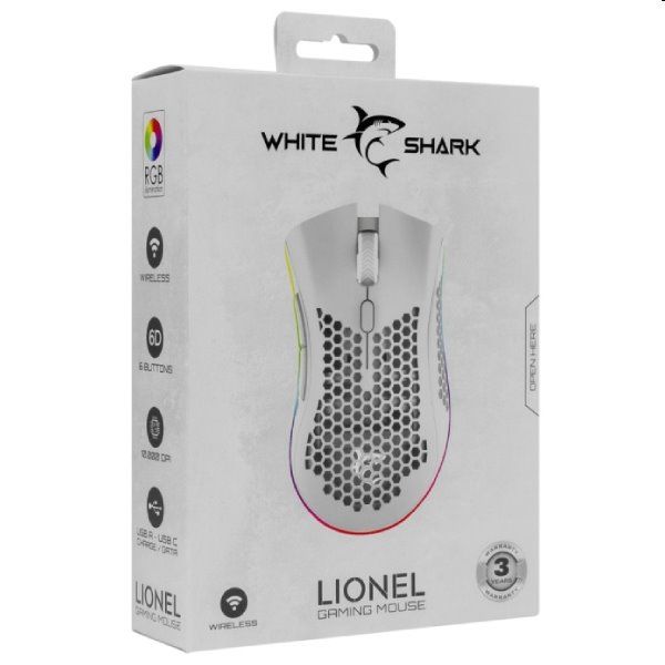 White Shark vezeték nélküli játékos egér LIONEL, 6D, 10 000 dpi, fehér, kiállított termék, 21 hónap garancia White Shark vezeték nélküli játékos egér LIONEL, 6D, 10 000 dpi, fehér, kiállított termék, 21 hónap garancia