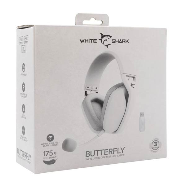 White Shark vezeték nélküli játékos fülhallgatók BUTTERFLY,  PC, PS4/5, MAC, fehér